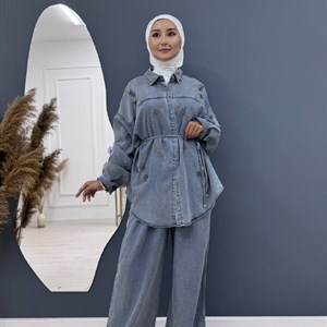 Женский брючный костюм со стразами из купра-джинсы, размеры 44–54