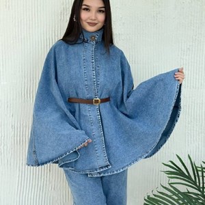 Джинсовый костюм-двойка из Турции — свободный крой, накидка с поясом и брюки с карманами
